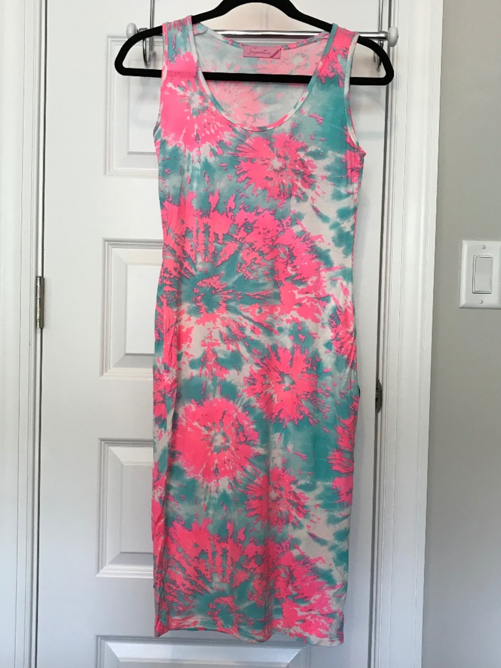 Signature sleeveless slip on maxi dress with tie dye teal & pink floral (XS)